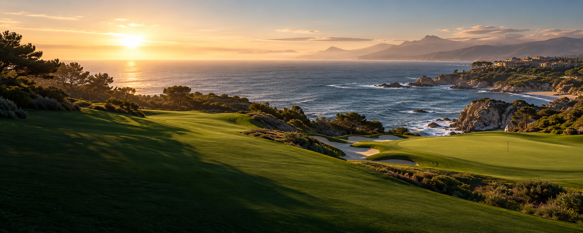 Illustrative coastal golf landscape at sunrise